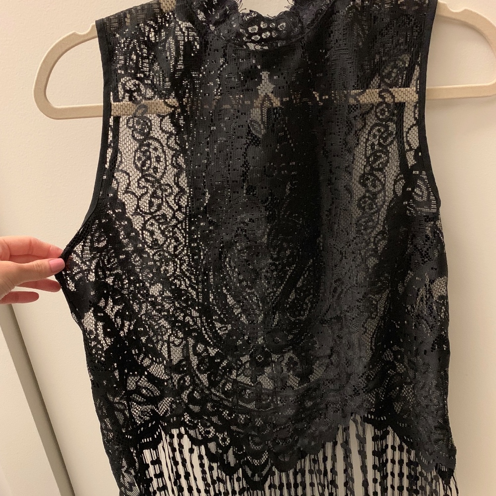 AQUA Black Lace Top, Fringe